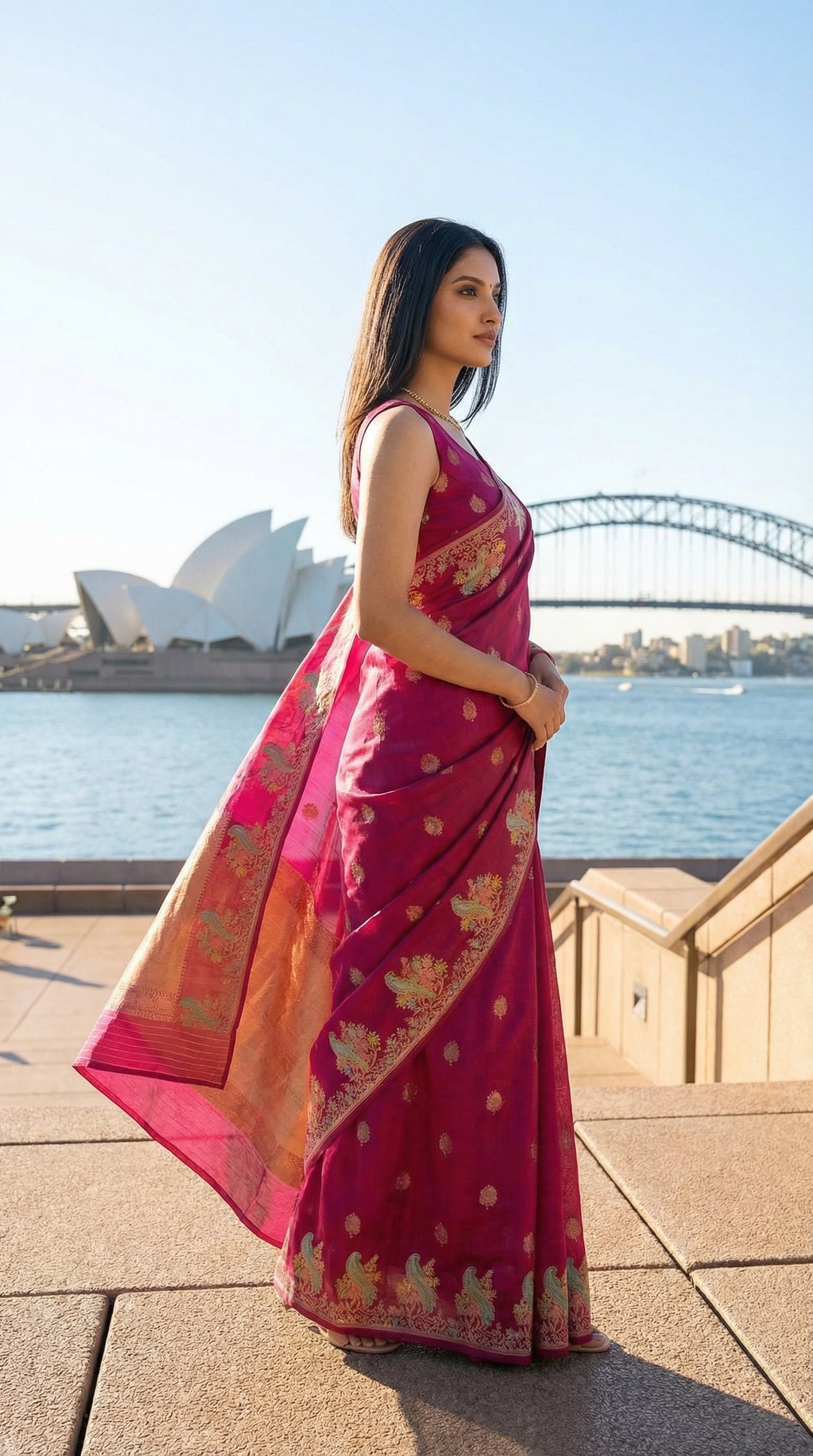 Woman in a Magenta Silk Saree with Zari Embroidery with parrot motifs, standing in front of the Sydney Opera House and Sydney Harbour Bridge.