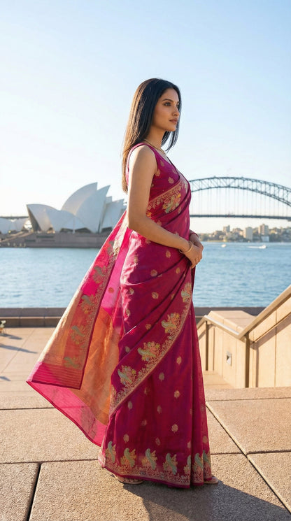 Woman in a Magenta Silk Saree with Zari Embroidery with parrot motifs, standing in front of the Sydney Opera House and Sydney Harbour Bridge.