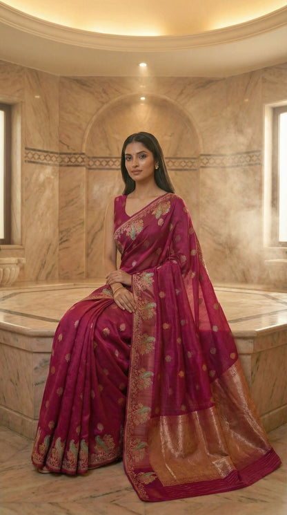 Woman in a Magenta Silk Saree with Zari Embroidery with parrot motifs, in an elegant interior setting.