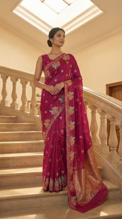 Woman in a Magenta Silk Saree with Zari Embroidery with parrot motifs, standing on a staircase.