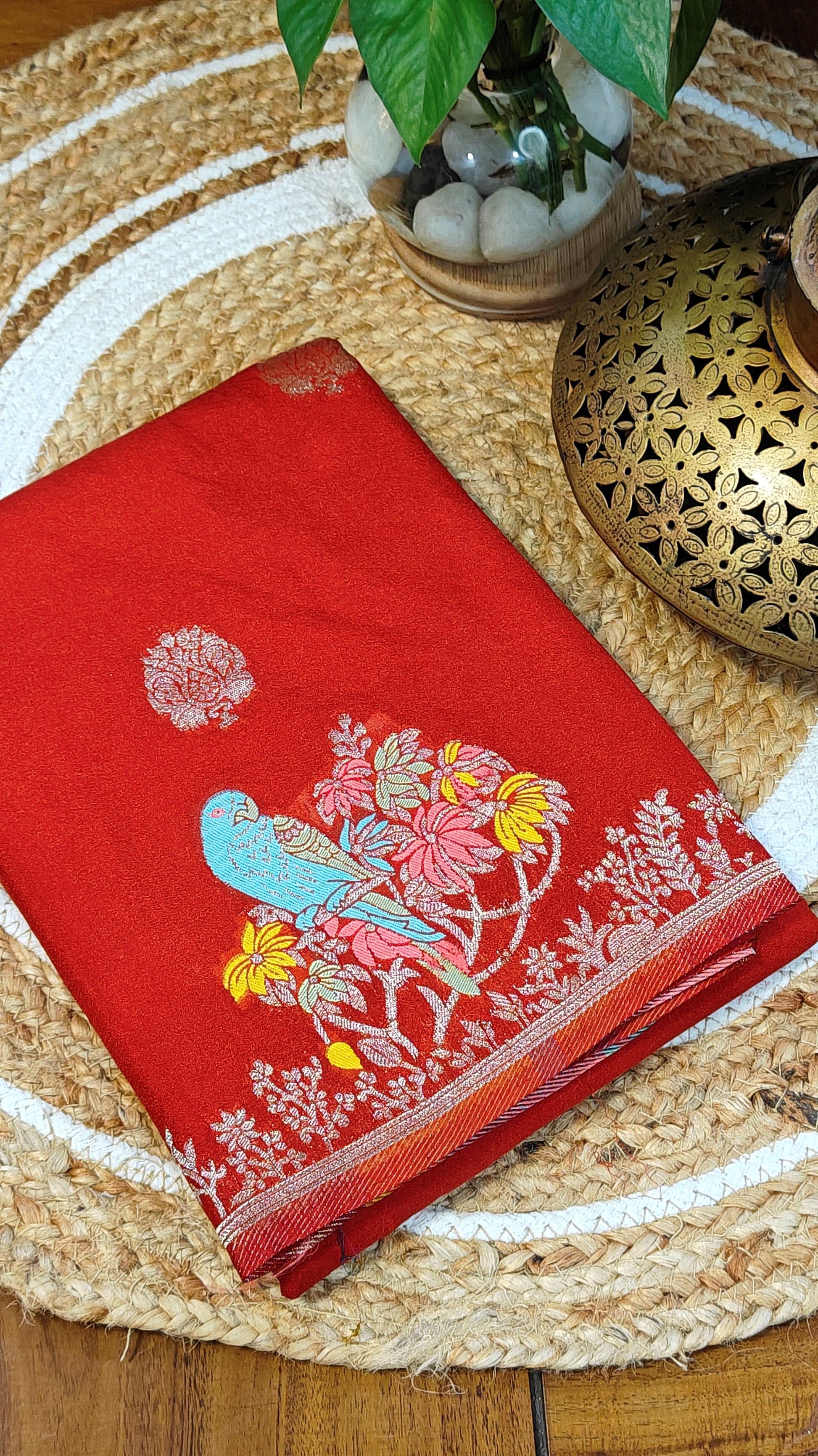 Orange Silk Saree with Zari Embroidery with parrot motifs