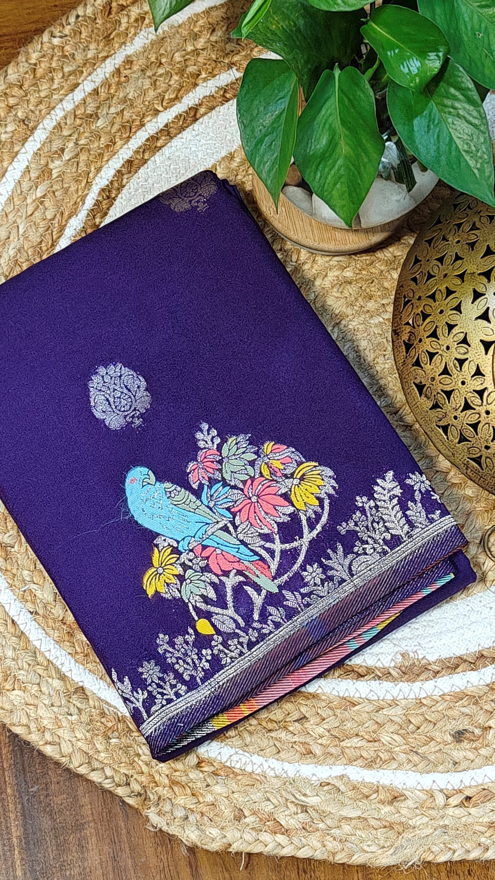 Purple Silk Saree with Zari Embroidery with parrot motifs