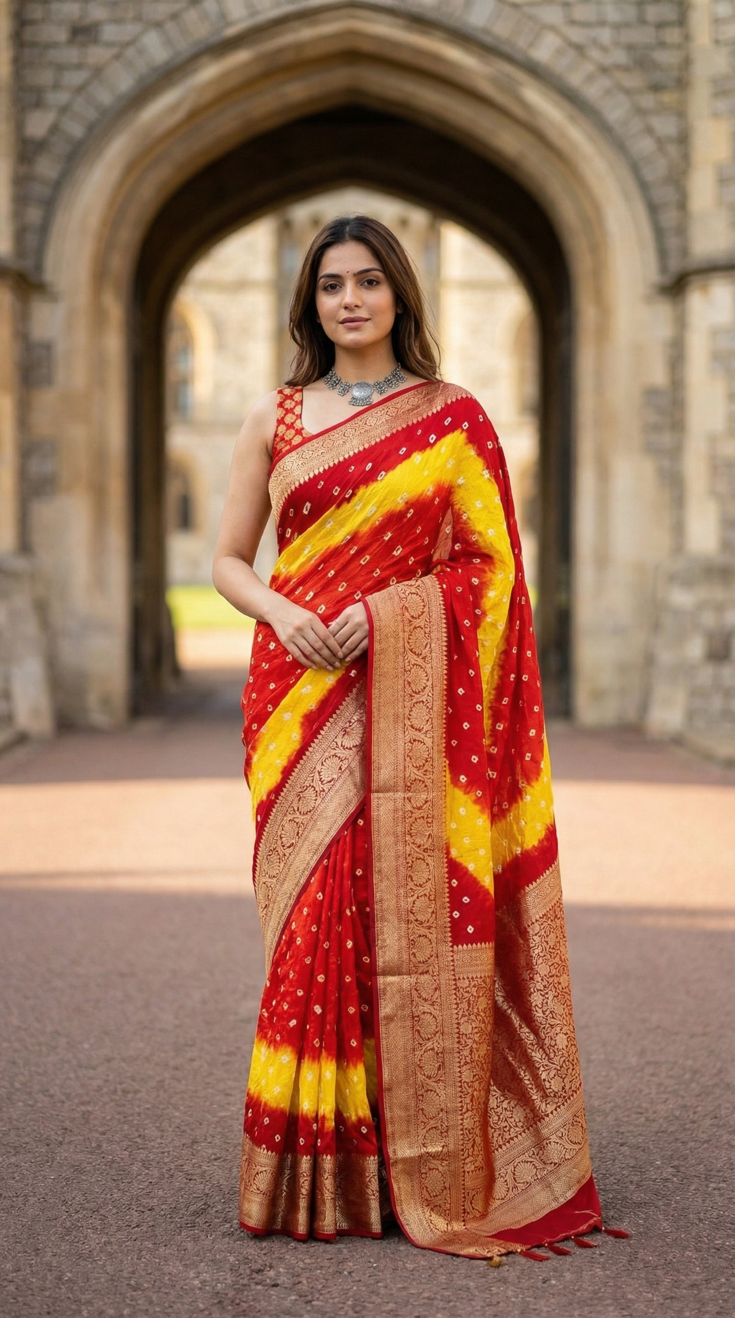 Woman in a Red and yellow silk saree with, standing in front of an archway.