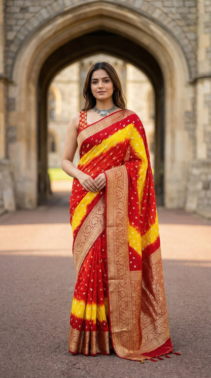 Woman in a Red and yellow silk saree with, standing in front of an archway.