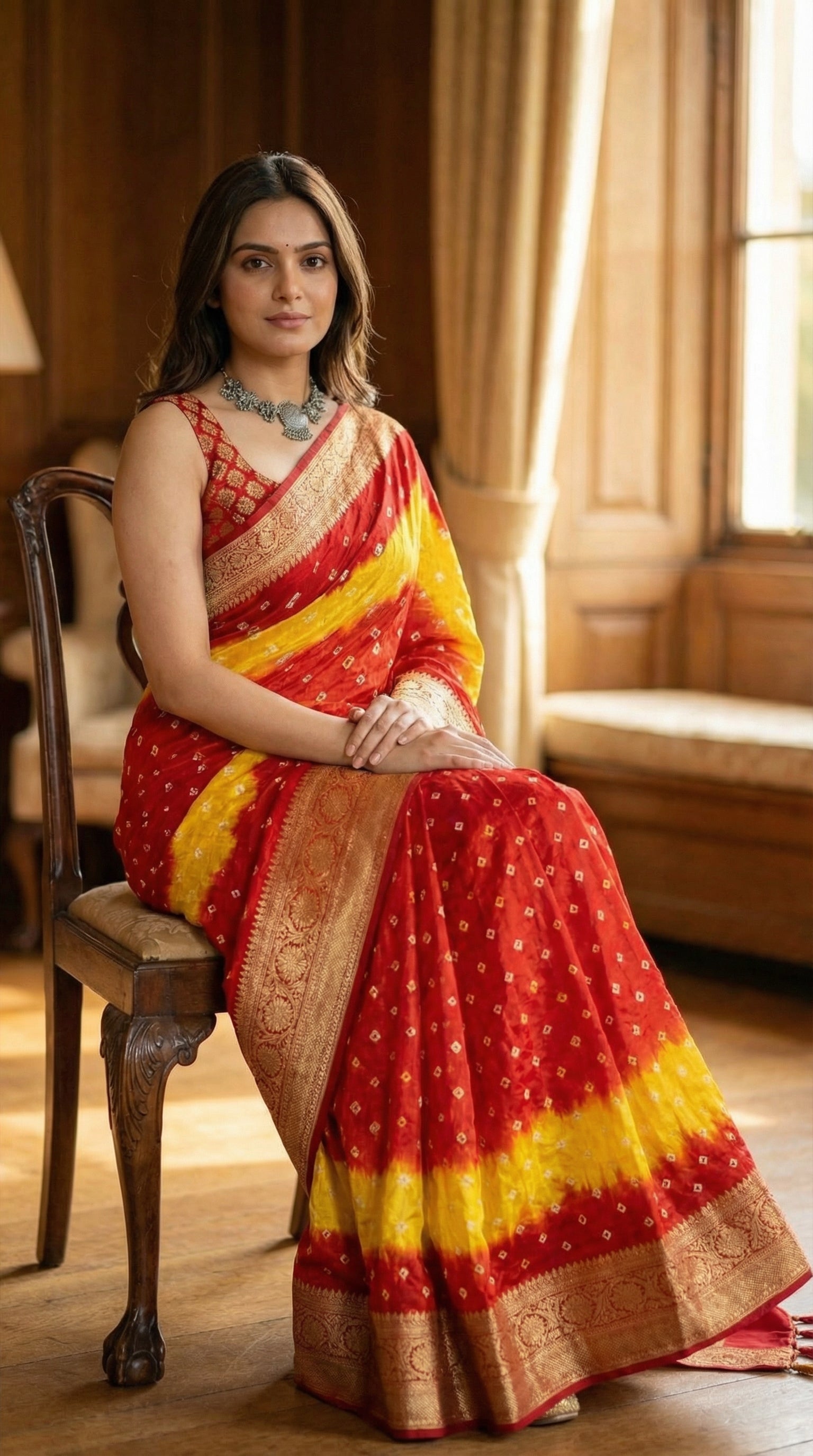 Woman in a Red and yellow silk saree with, standing in front of an archway. sitting on a chair in a well-lit room.