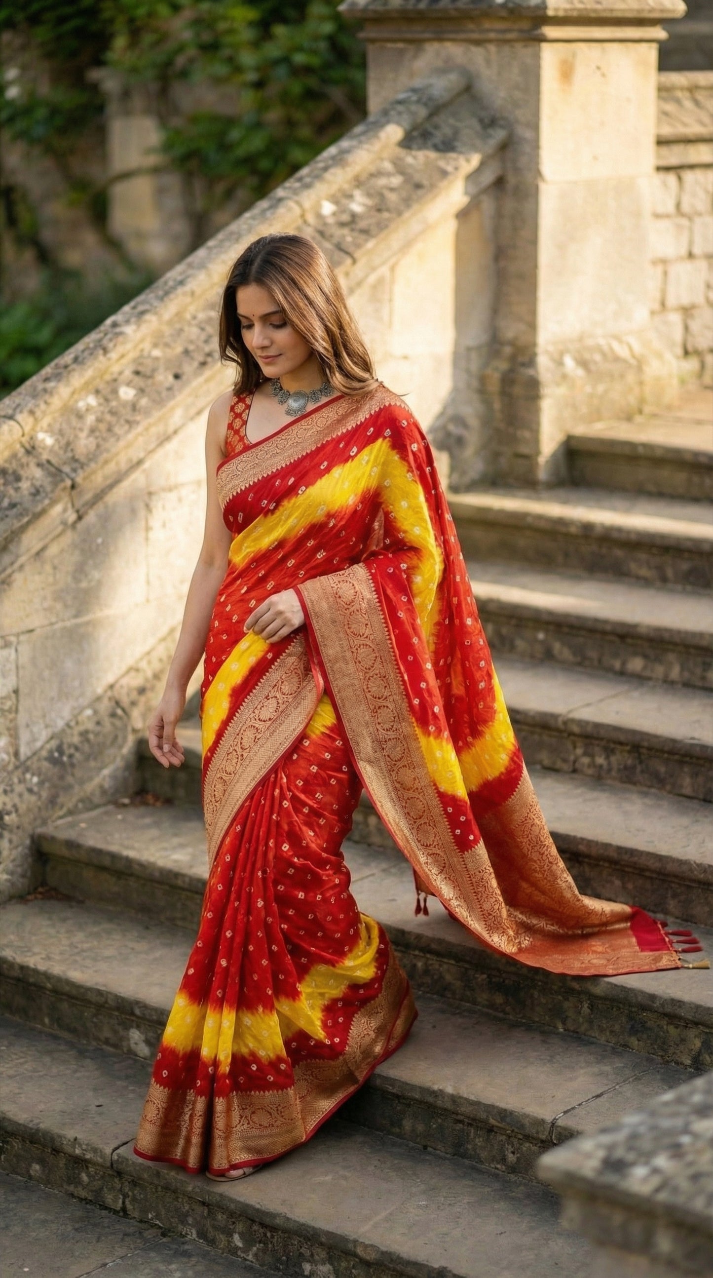 Woman in a Red and yellow silk saree with, standing in front of an archway. standing on stone steps outdoors.