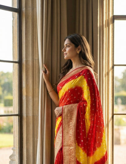 Woman in a Red and yellow silk saree with, standing in front of an archway. standing by a window with curtains.