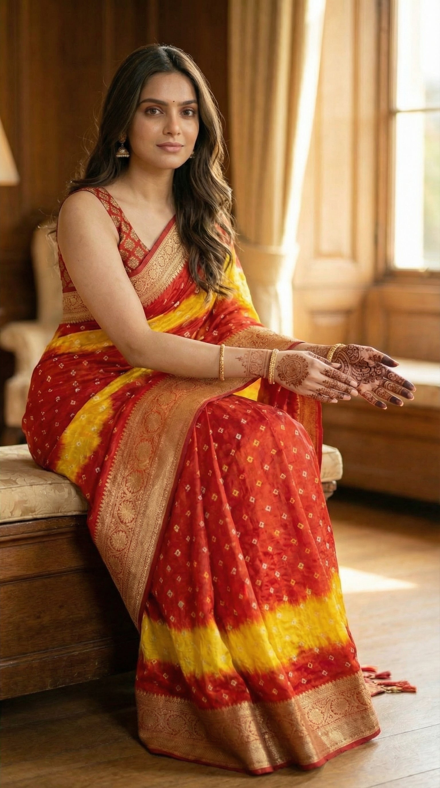 Woman in a Red and yellow silk saree with, standing in front of an archway. sitting on a couch in a well-lit room.