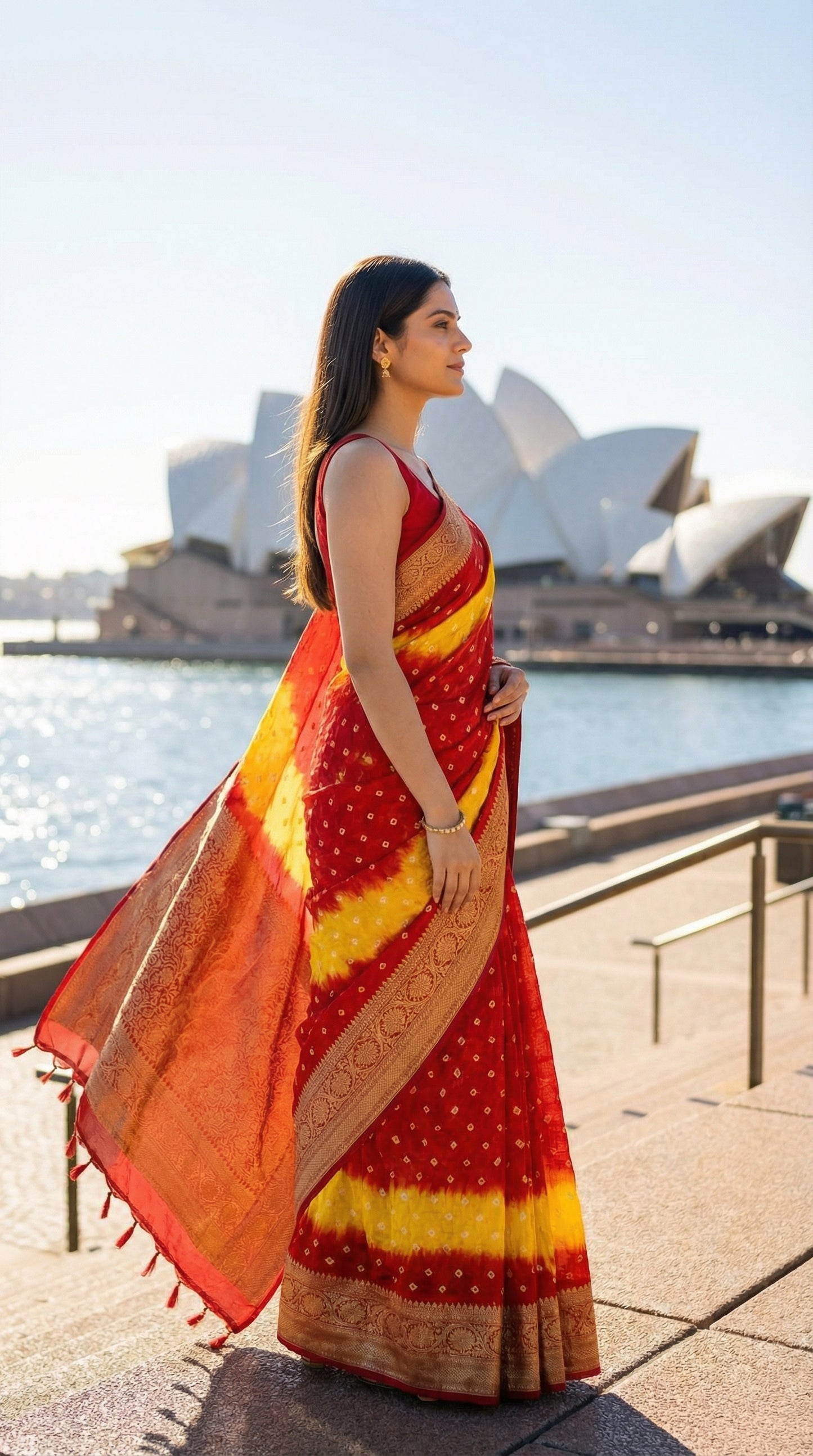 Woman in a Red and yellow silk saree with, standing in front of an archway. standing in front of the Sydney Opera House.
