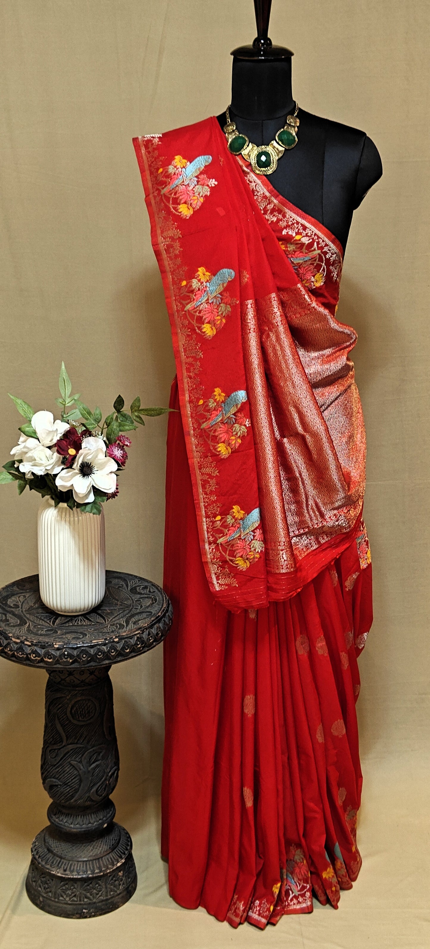 Red Silk Saree with Zari Embroidery with parrot motifs