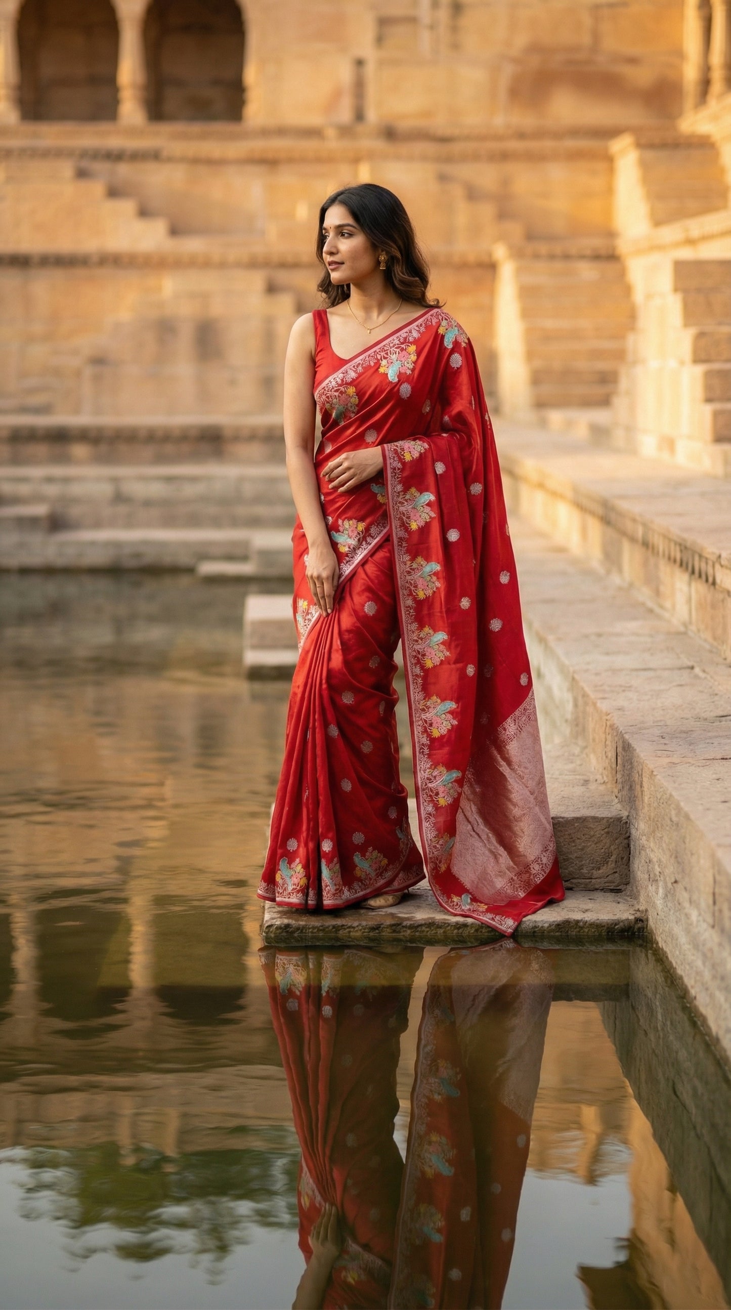 Woman in a red Silk Saree with Zari Embroidery with parrot motifs, standing by a water body with architectural steps in the background.