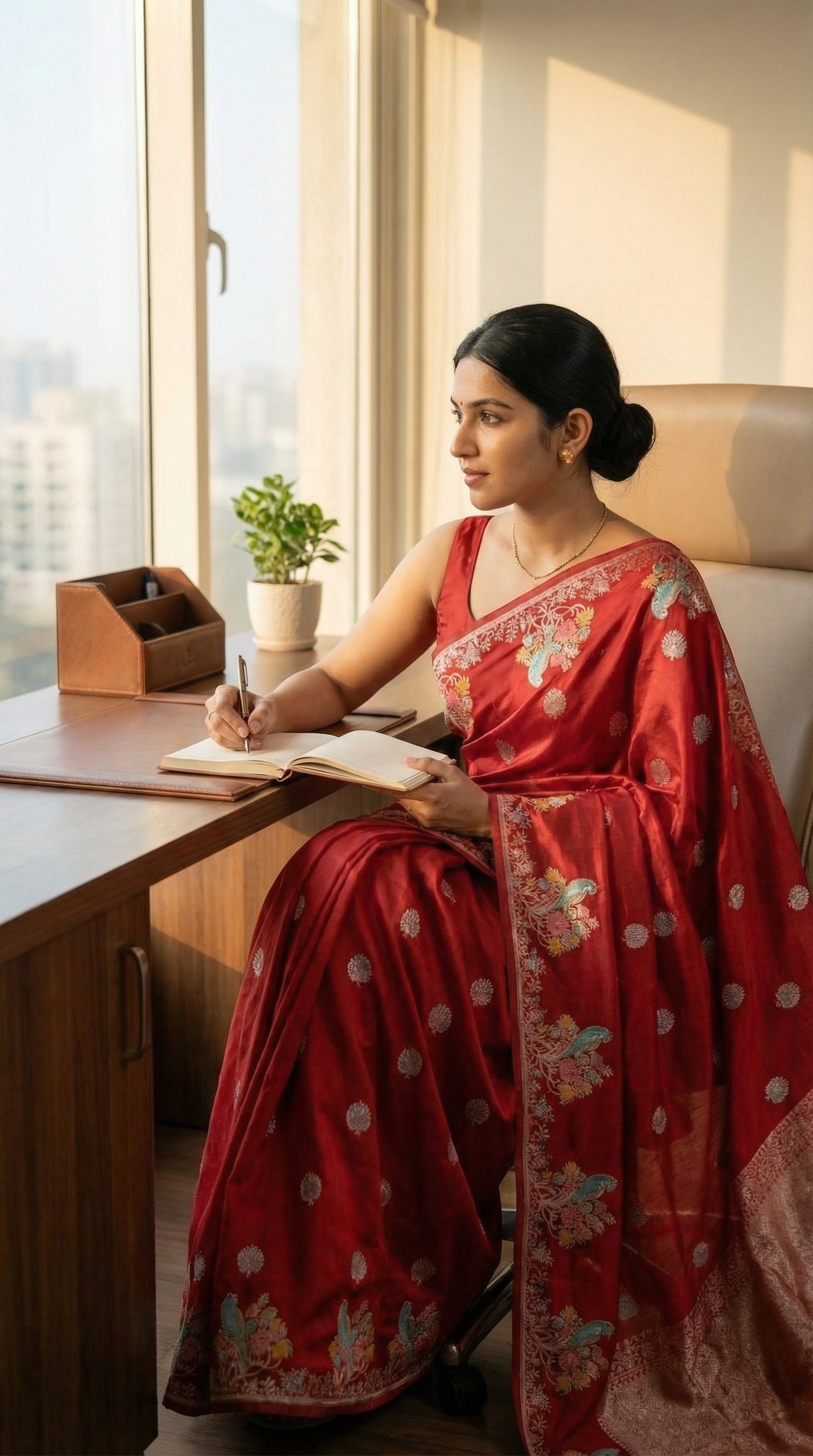 Woman in a red Silk Saree with Zari Embroidery with parrot motifs, sitting at a desk by a window, writing in a notebook.