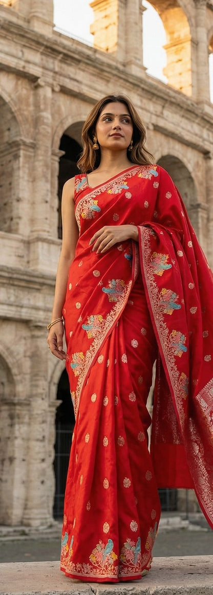 Woman in a red Silk Saree with Zari Embroidery with parrot motifs, in front of an architectural background.