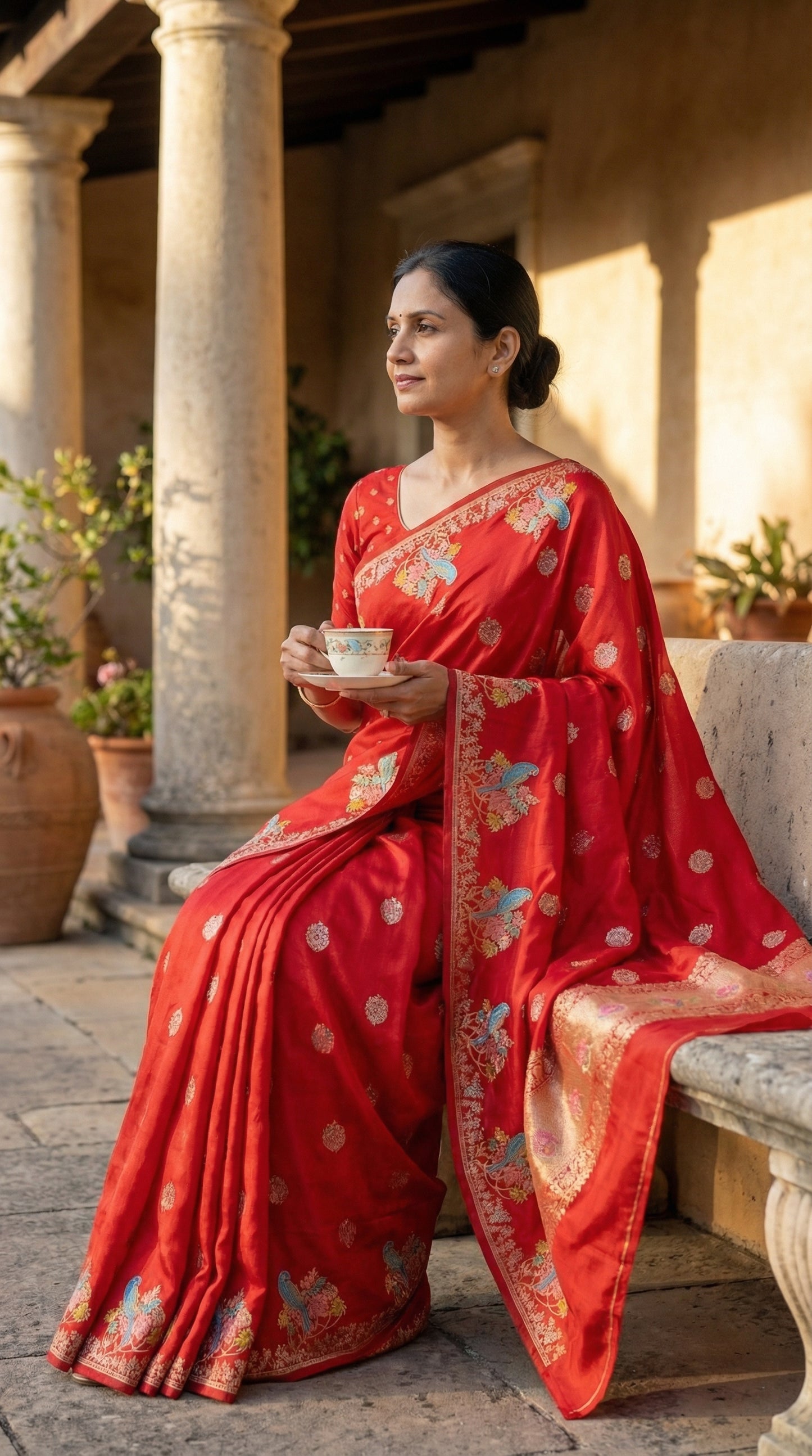 Woman in a red Silk Saree with Zari Embroidery with parrot motifs, sitting outdoors holding a cup.