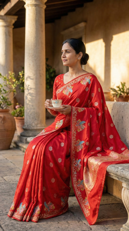 Woman in a red Silk Saree with Zari Embroidery with parrot motifs, sitting outdoors holding a cup.