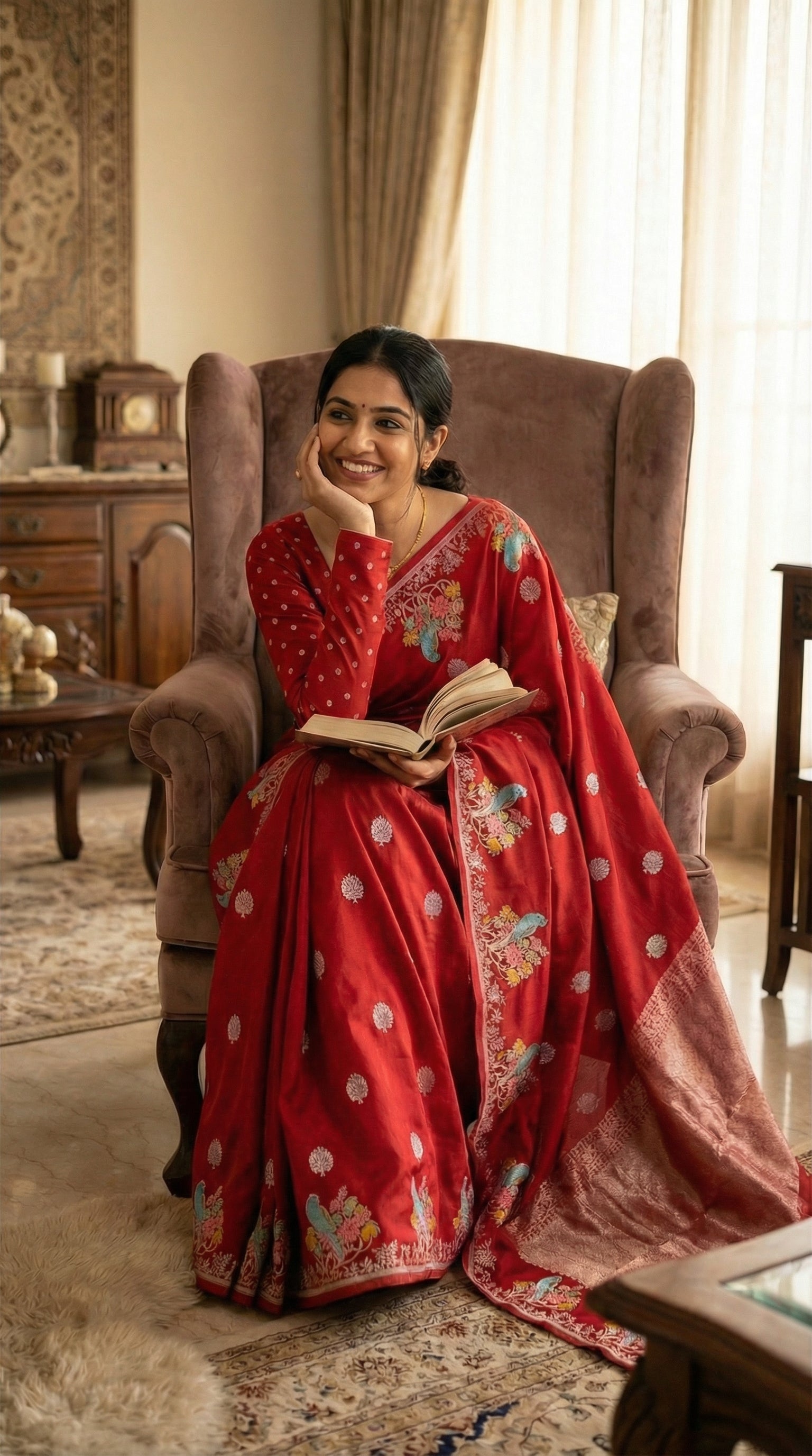 Woman in a red Silk Saree with Zari Embroidery with parrot motifs, sitting on a chair with a book, in a room with decorative elements.