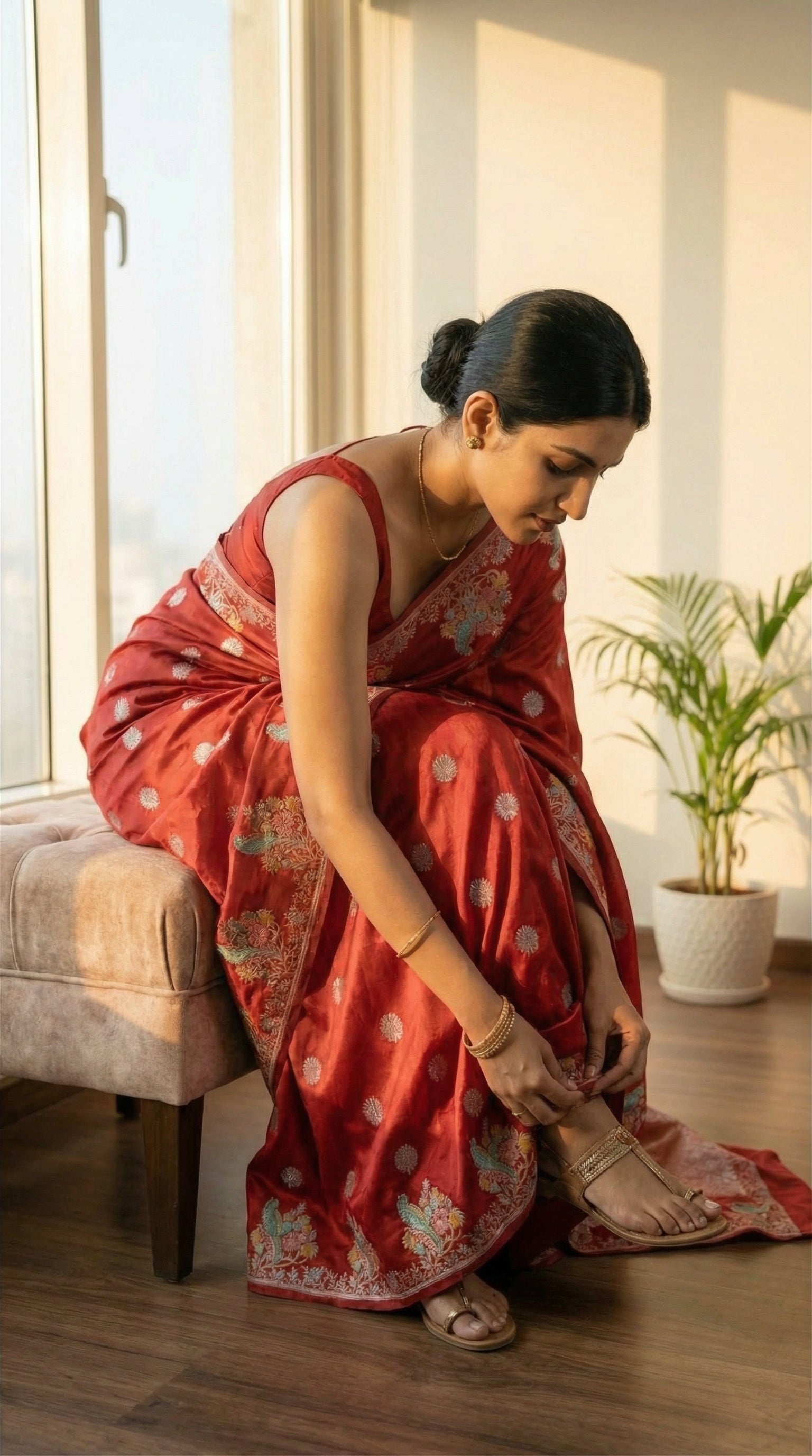 Woman in a red Silk Saree with Zari Embroidery with parrot motifs, sitting on a chair indoors with a plant in the background.
