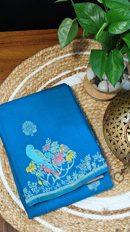 Sky Blue Silk Saree with Zari Embroidery with parrot motifs