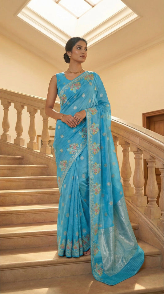 Woman in a Sky Blue Silk Saree with Zari Embroidery with parrot motifs, standing on a staircase.