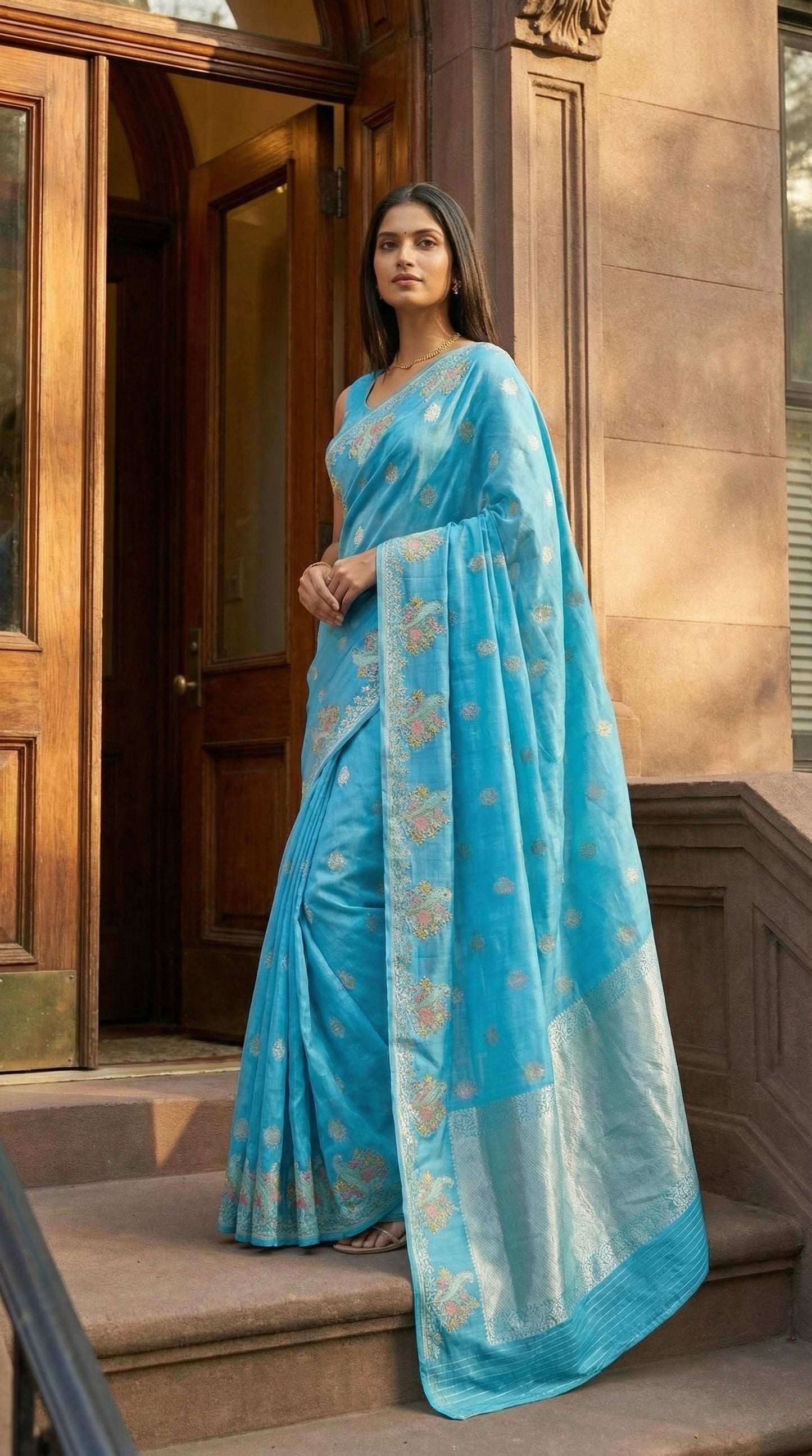 Woman in a Sky Blue Silk Saree with Zari Embroidery with parrot motifs, standing on a staircase.