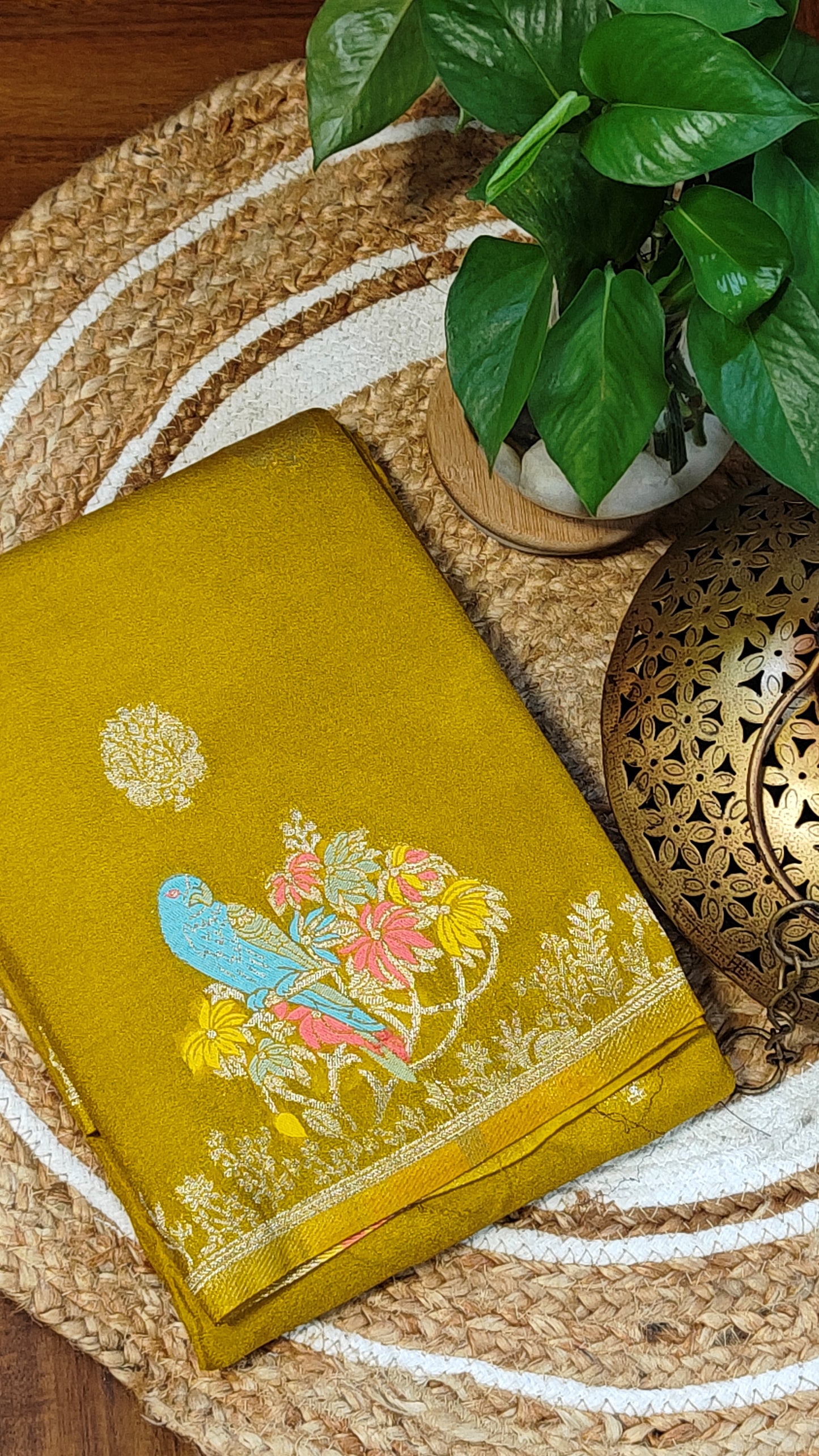 Yellow Silk Saree with Zari Embroidery with parrot motifs