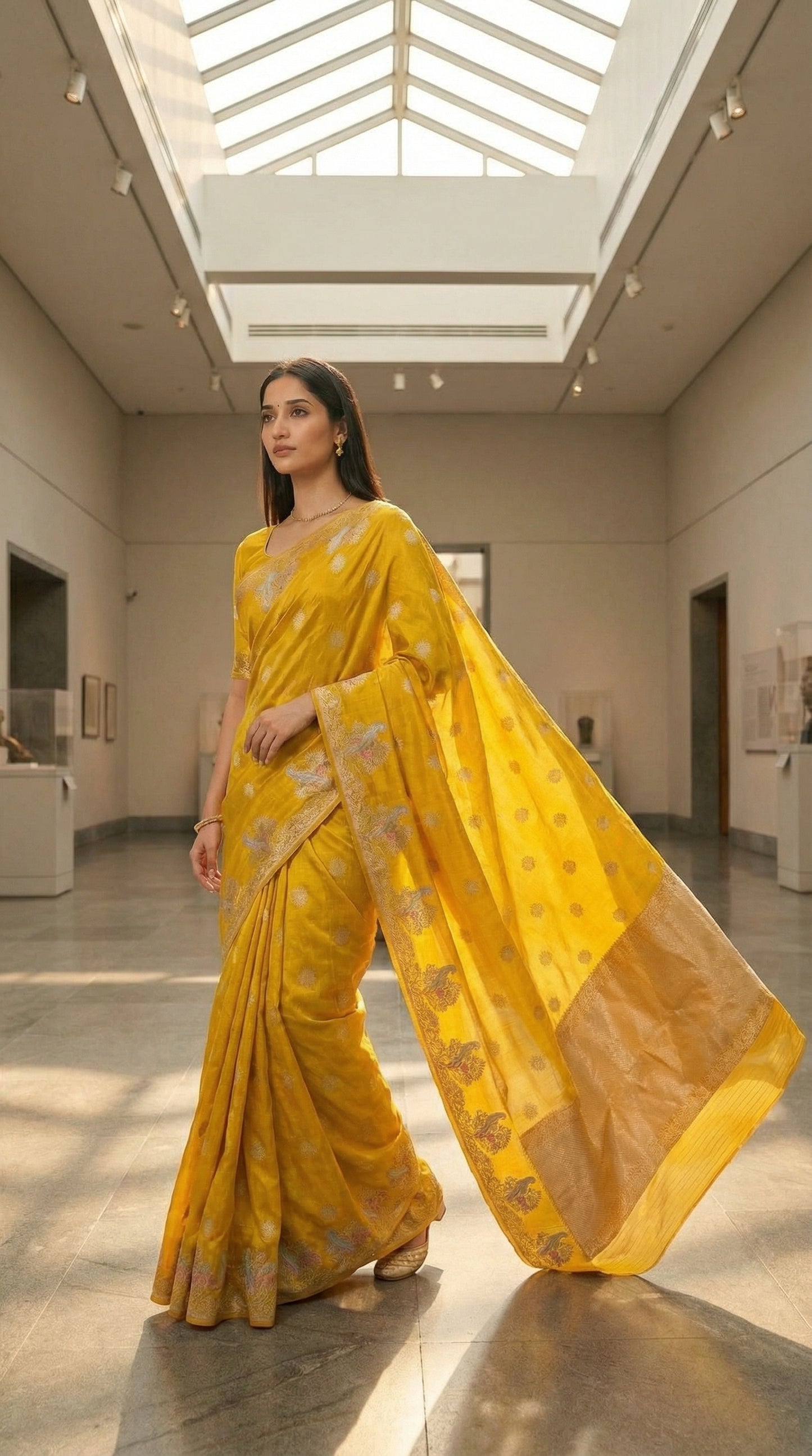Woman in a Yellow Silk Saree with Zari Embroidery with parrot motifs, in a modern building with high ceilings and large windows.