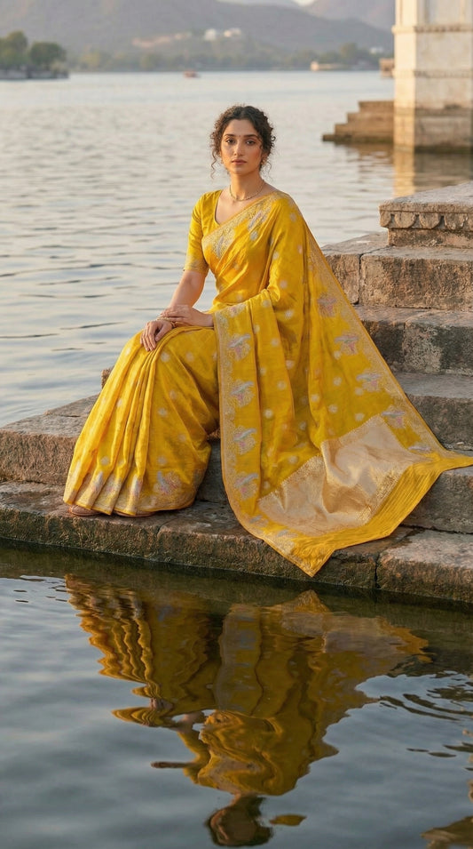 Woman in a Yellow Silk Saree with Zari Embroidery with parrot motifs, sitting by a body of water with mountains in the background.