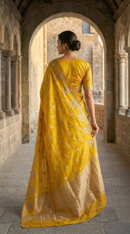 Woman in a Yellow Silk Saree with Zari Embroidery with parrot motifs, walking through an archway in a stone building.