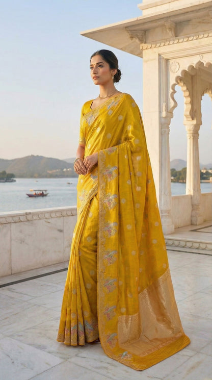 Woman in a Yellow Silk Saree with Zari Embroidery with parrot motifs, standing on a balcony with a scenic view of water and mountains.