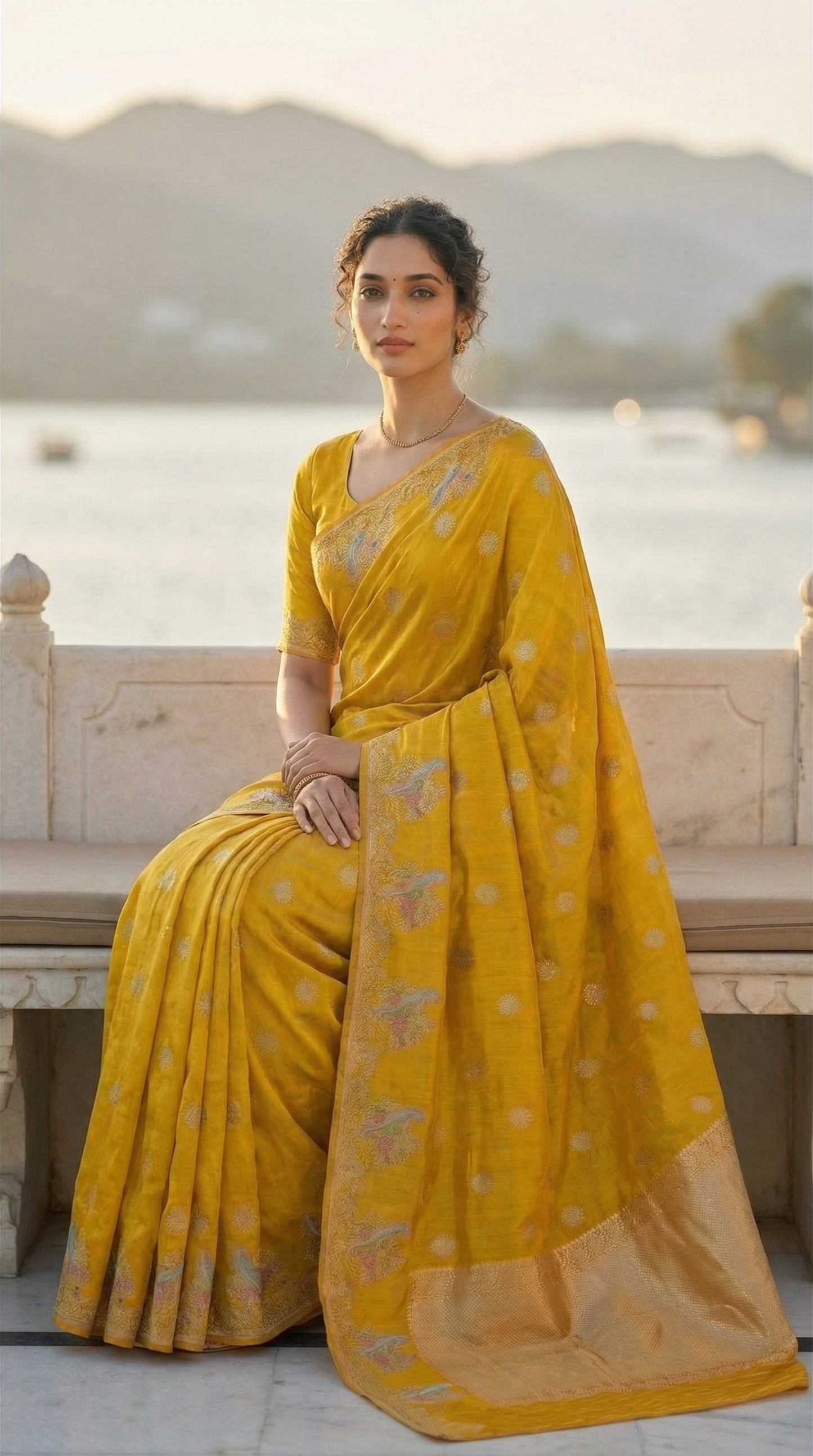 Woman in a Yellow Silk Saree with Zari Embroidery with parrot motifs, sitting on a bench with a scenic background.