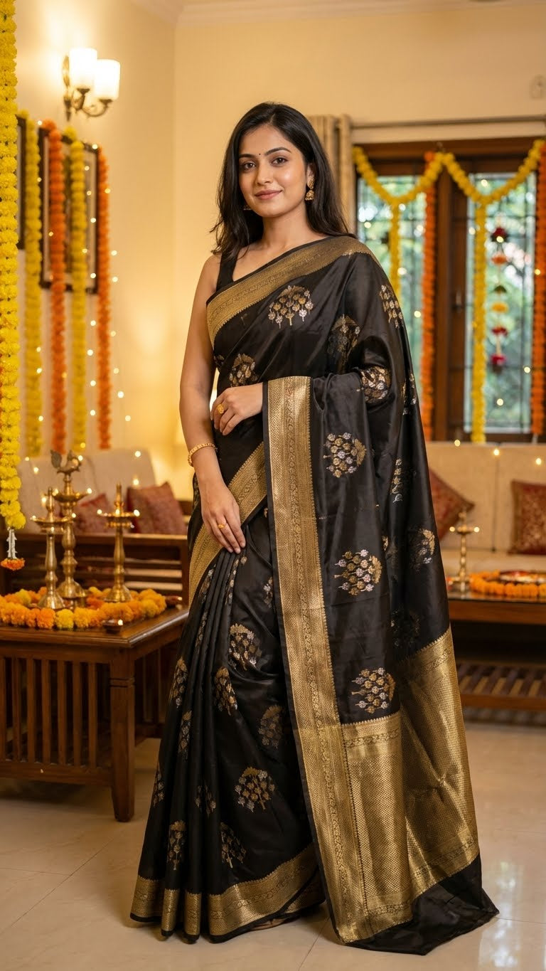 Woman wearing a black soft silk saree with gold and silver floral motifs and rich zari border in a decorated room.