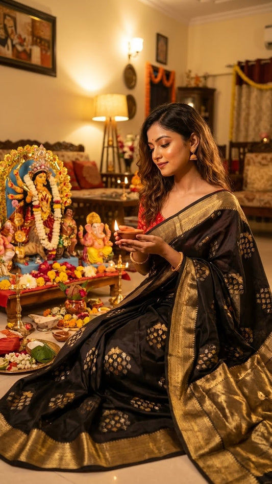 Woman in a black soft silk saree with gold and silver floral motifs and rich zari border performing a ritual in a decorated room.
