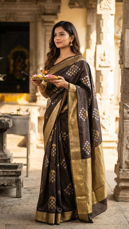Woman in a black soft silk saree with gold and silver floral motifs and rich zari border holding offerings in an architectural setting.