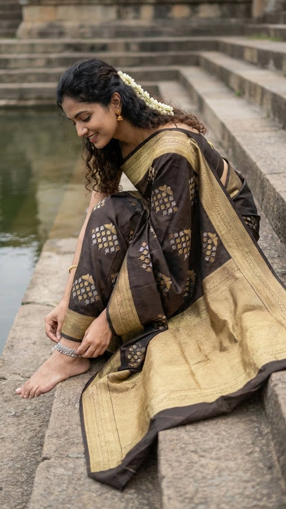 Woman in a black soft silk saree with gold and silver floral motifs and rich zari border sitting on steps by a body of water.