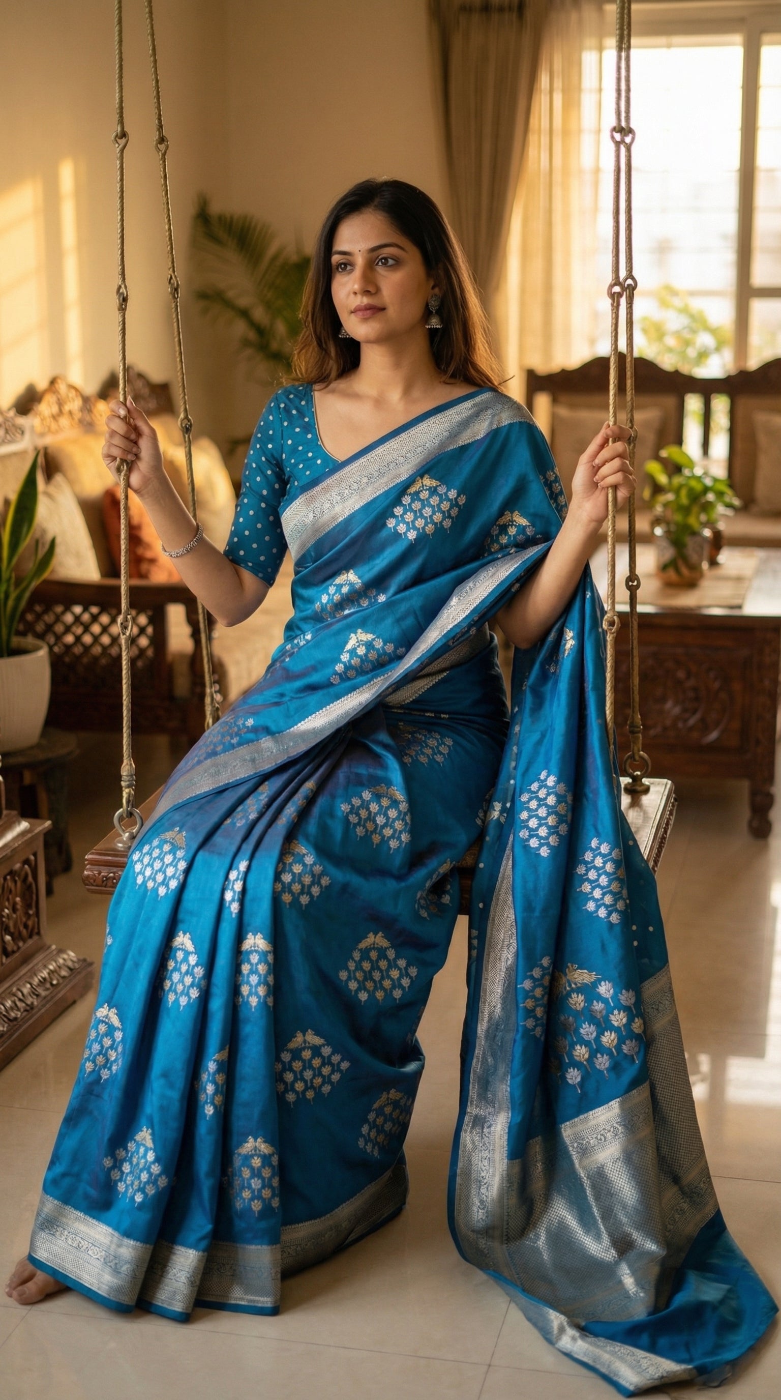 Woman wearing Blue soft silk saree with silver leaf motifs and luminous zari detailing. Sitting on a traditional indoor swing (jhula), hands holding the rope lightly; flowy pallu + graceful motion.