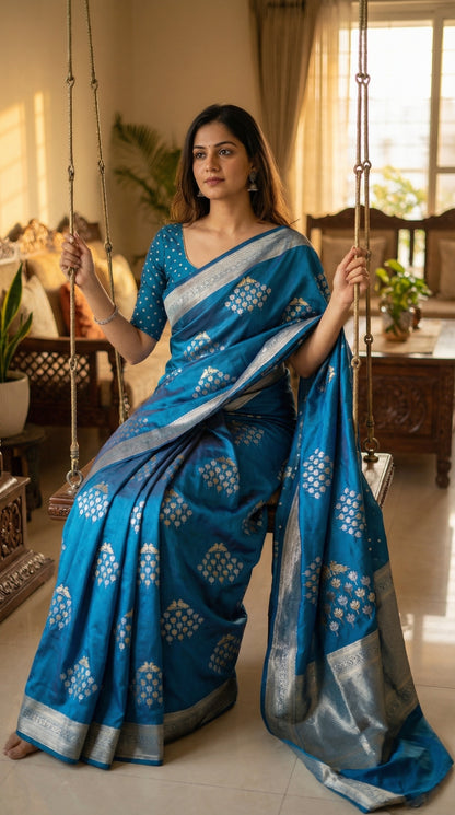 Woman wearing Blue soft silk saree with silver leaf motifs and luminous zari detailing. Sitting on a traditional indoor swing (jhula), hands holding the rope lightly; flowy pallu + graceful motion.