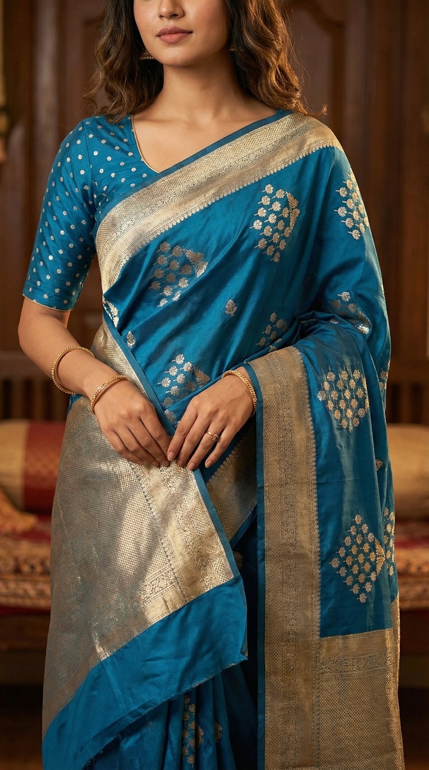 Woman wearing Blue soft silk saree with silver leaf motifs and luminous zari detailing. Close crop of fingers holding border near waist; texture and zari shine.