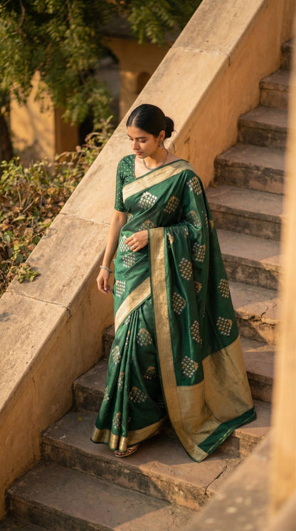 Woman wearing Green soft silk saree with bird and branch Zari motifs and antique gold border. Captured from a higher angle as she walks down stone stairs, showing the full length of the trailing pallu.