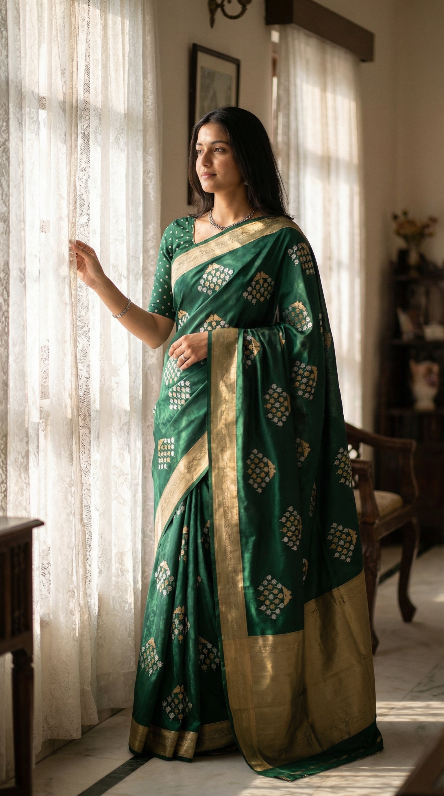 Woman wearing Green soft silk saree with bird and branch Zari motifs and antique gold border. Standing beside a tall window with sheer curtains, one hand gently holding the curtain edge; soft side-light reveals weave texture and fall.