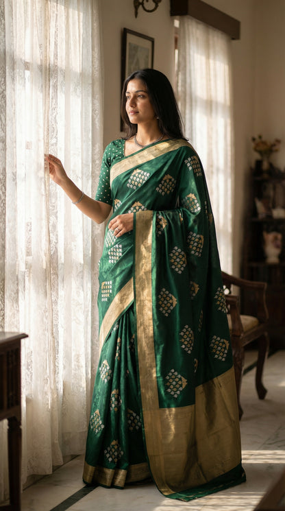 Woman wearing Green soft silk saree with bird and branch Zari motifs and antique gold border. Standing beside a tall window with sheer curtains, one hand gently holding the curtain edge; soft side-light reveals weave texture and fall.