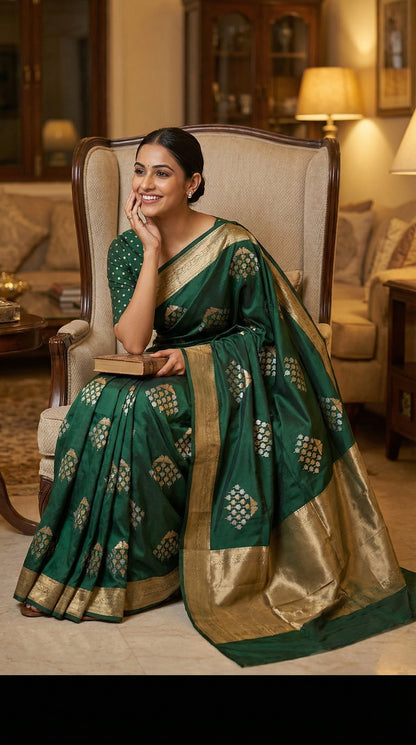 Woman wearing Green soft silk saree with bird and branch Zari motifs and antique gold border. Tucked into a large, high-backed wing chair in a grand luxury living room, she is holding the book with a radiant expression, her hand resting on her cheek, showing the elegance of the saree's sleeve.