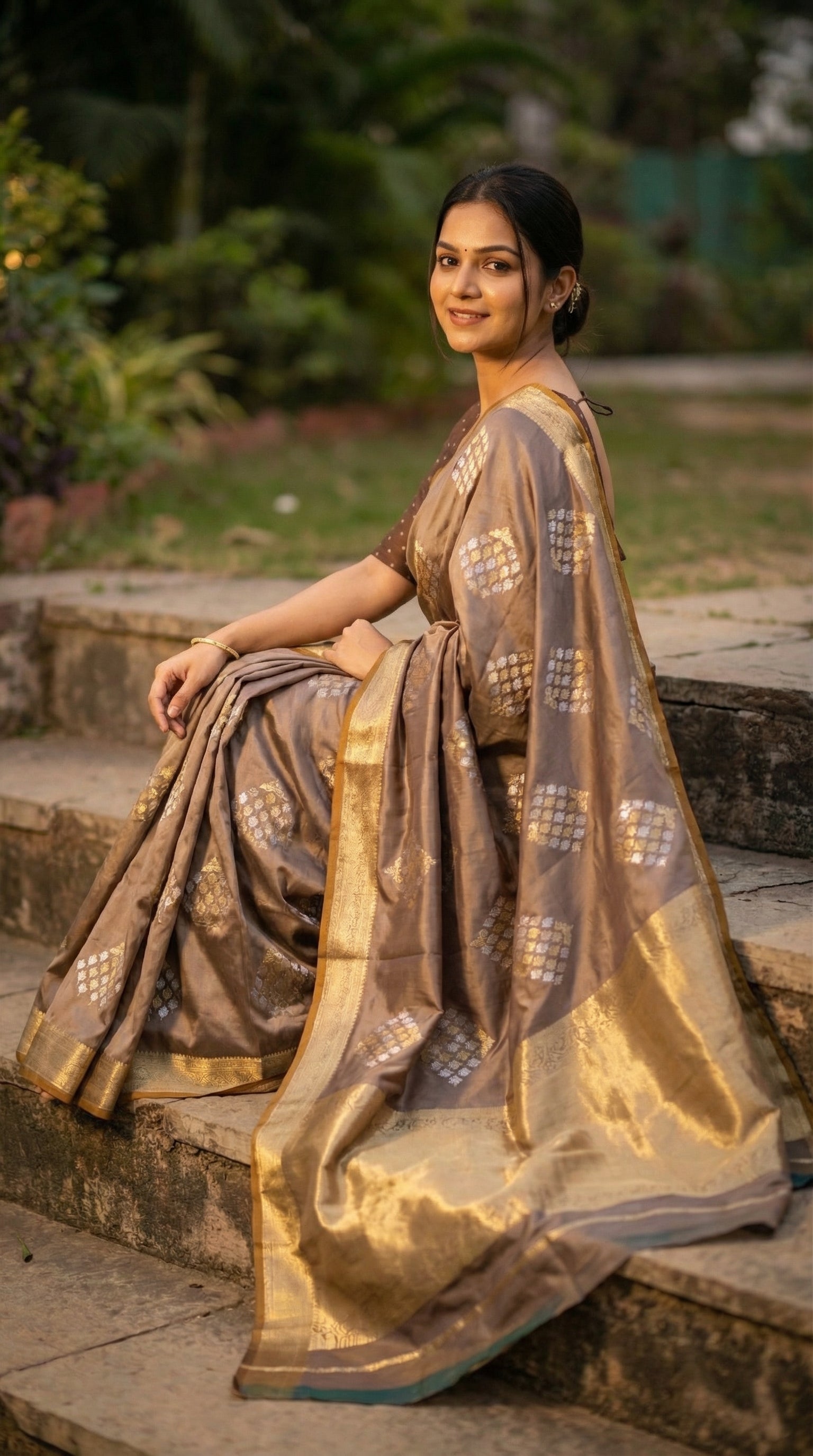 Woman wearing Woman wearing grey soft silk saree with golden embroidery and floral Zari border. Sitting on steps, torso turned back to camera; half portrait + pallu trail.