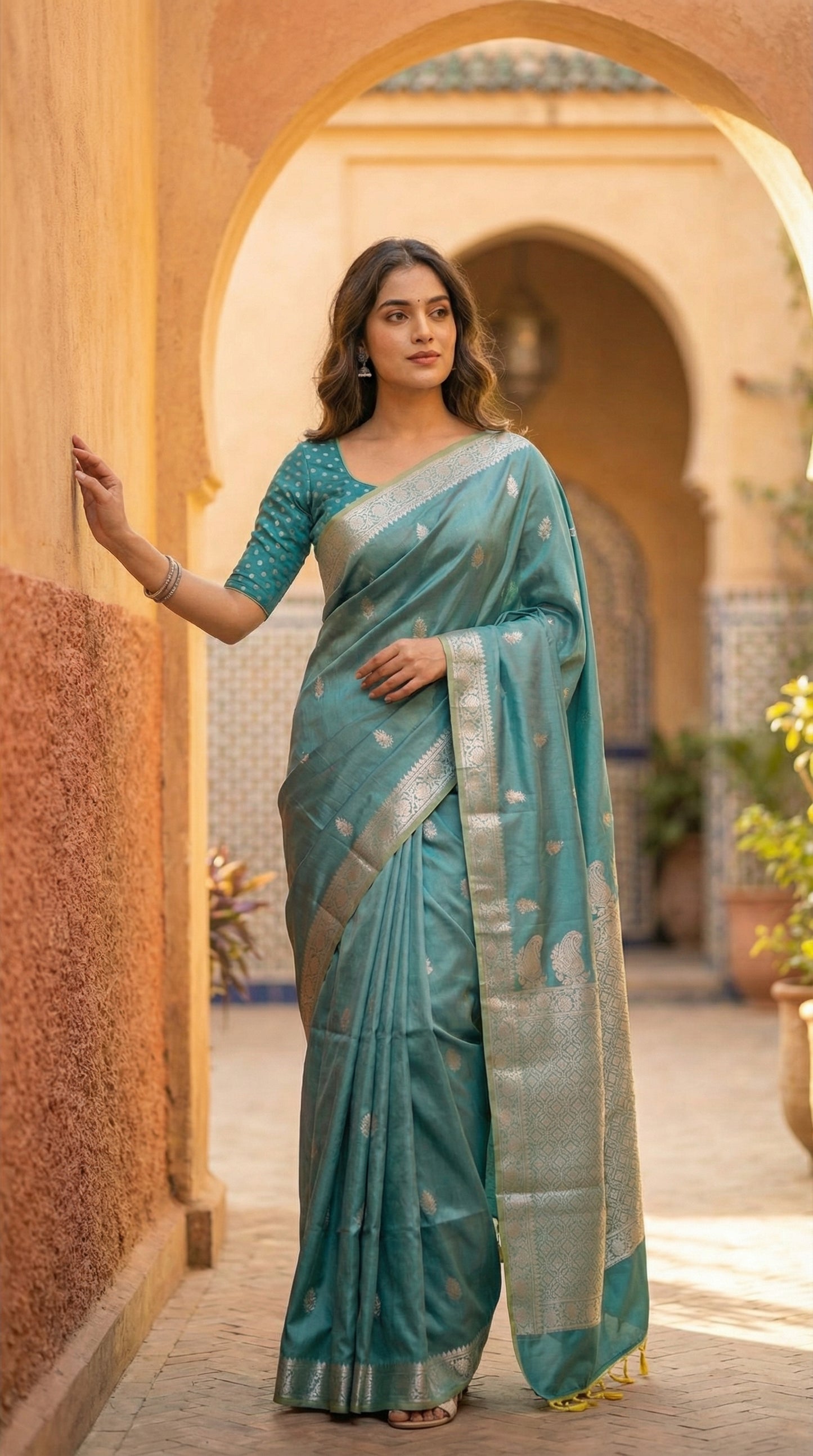 Woman wearing cyan silk blend saree with woven floral motifs and traditional border with gold patterns, walking in Marrakech arch lane.