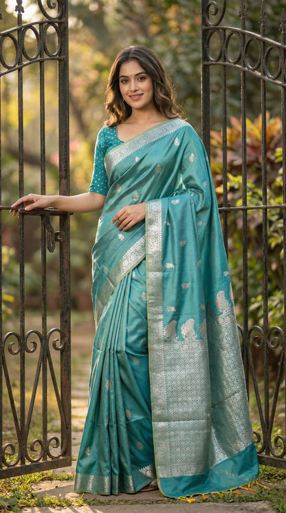 Woman wearing cyan silk blend saree with woven floral motifs and traditional border with gold pattern, standing by a wrought-iron gate, one hand on the latch, slight smile; romantic editorial vibe, full-length drape visible.