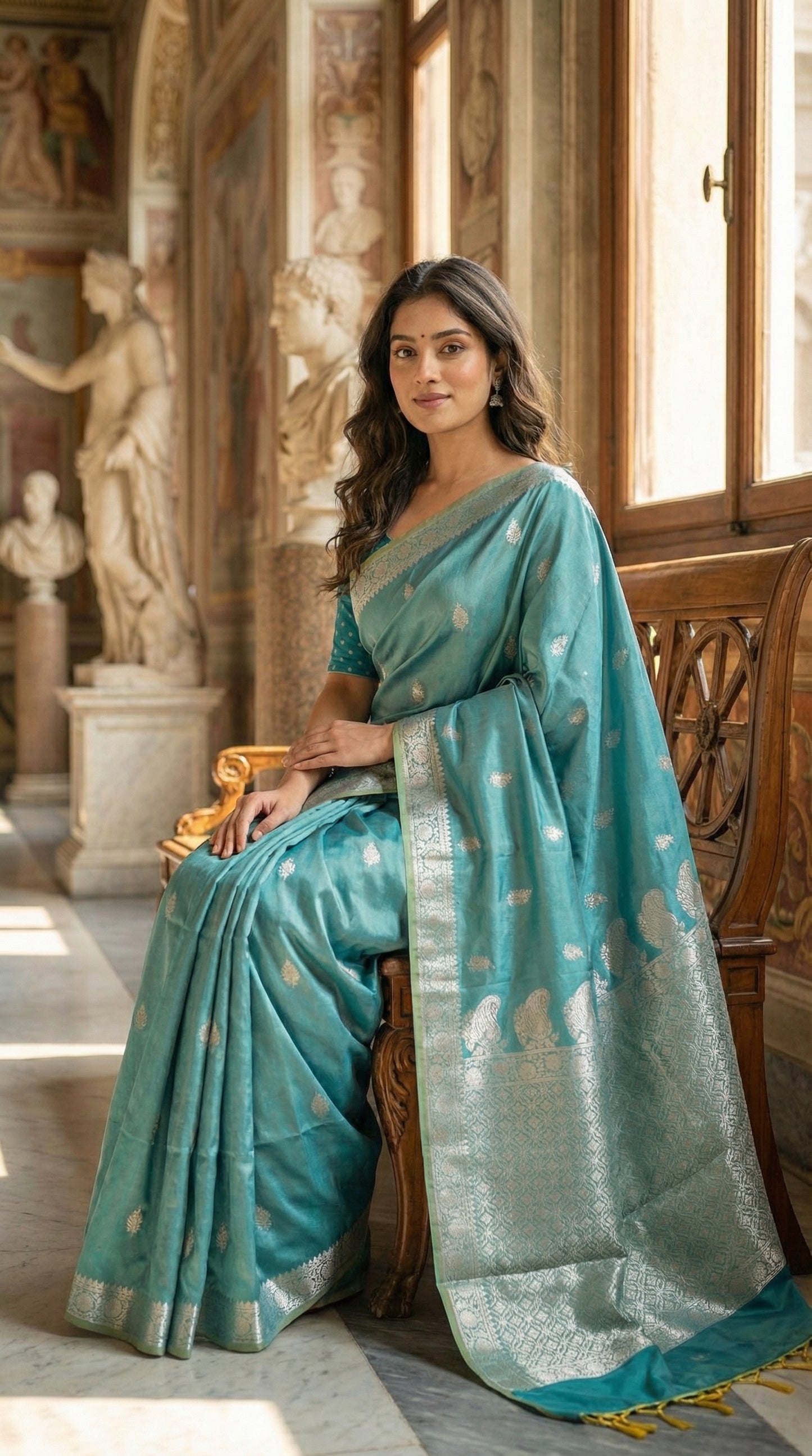 Woman wearing cyan silk blend saree with woven floral motifs and traditional border with gold pattern, Sitting — Vatican Museums style corridor bench.