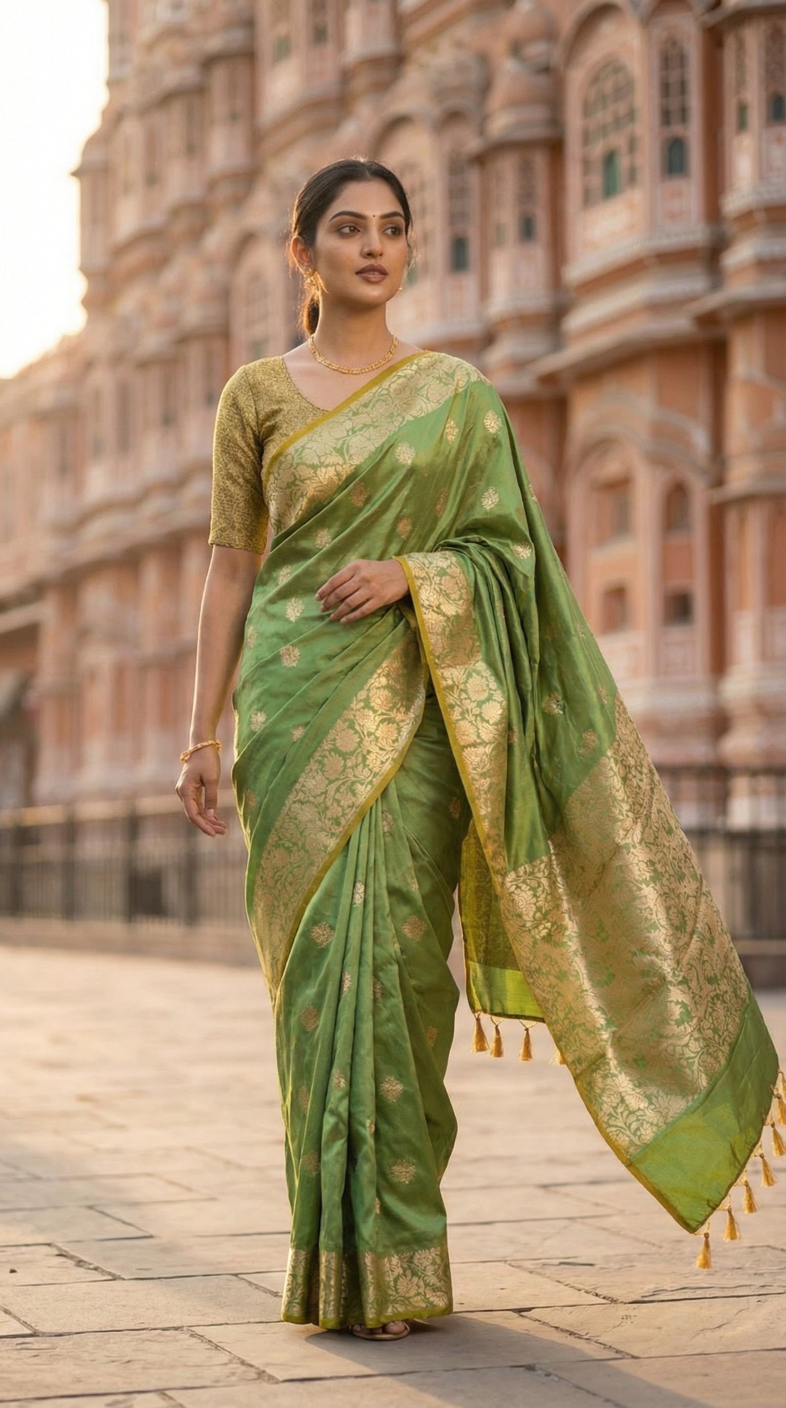 Woman in a emerald green silk blend saree with intricate woven detailing and elegant drape standing in front of a historic building.