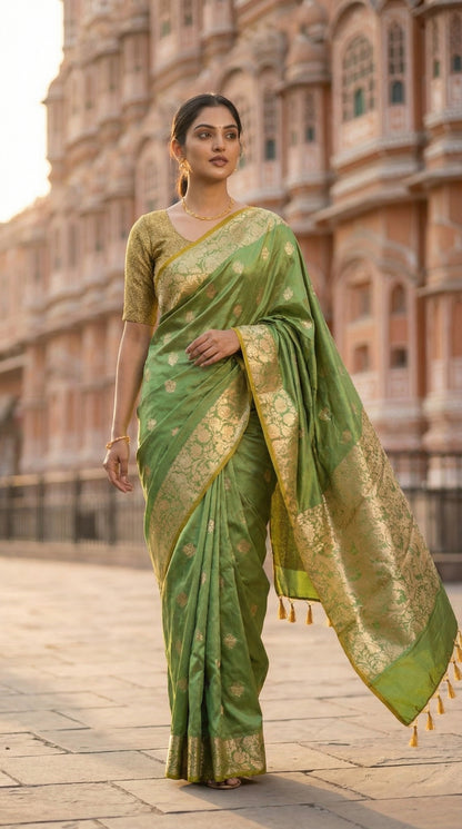 Woman in a emerald green silk blend saree with intricate woven detailing and elegant drape standing in front of a historic building.
