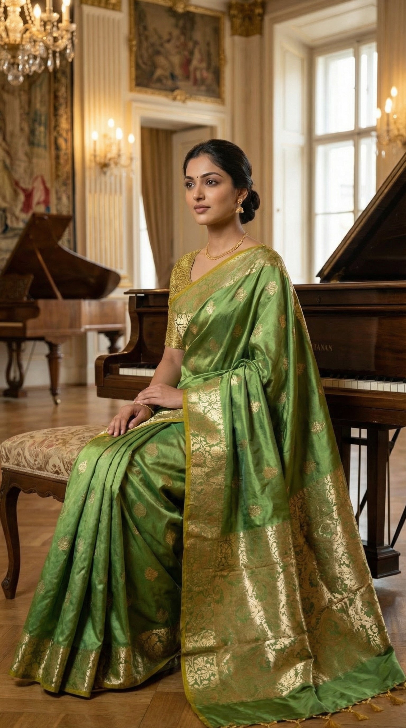 Woman in a emerald green silk blend saree with intricate woven detailing and elegant drape sitting in a elegant room with pianos.