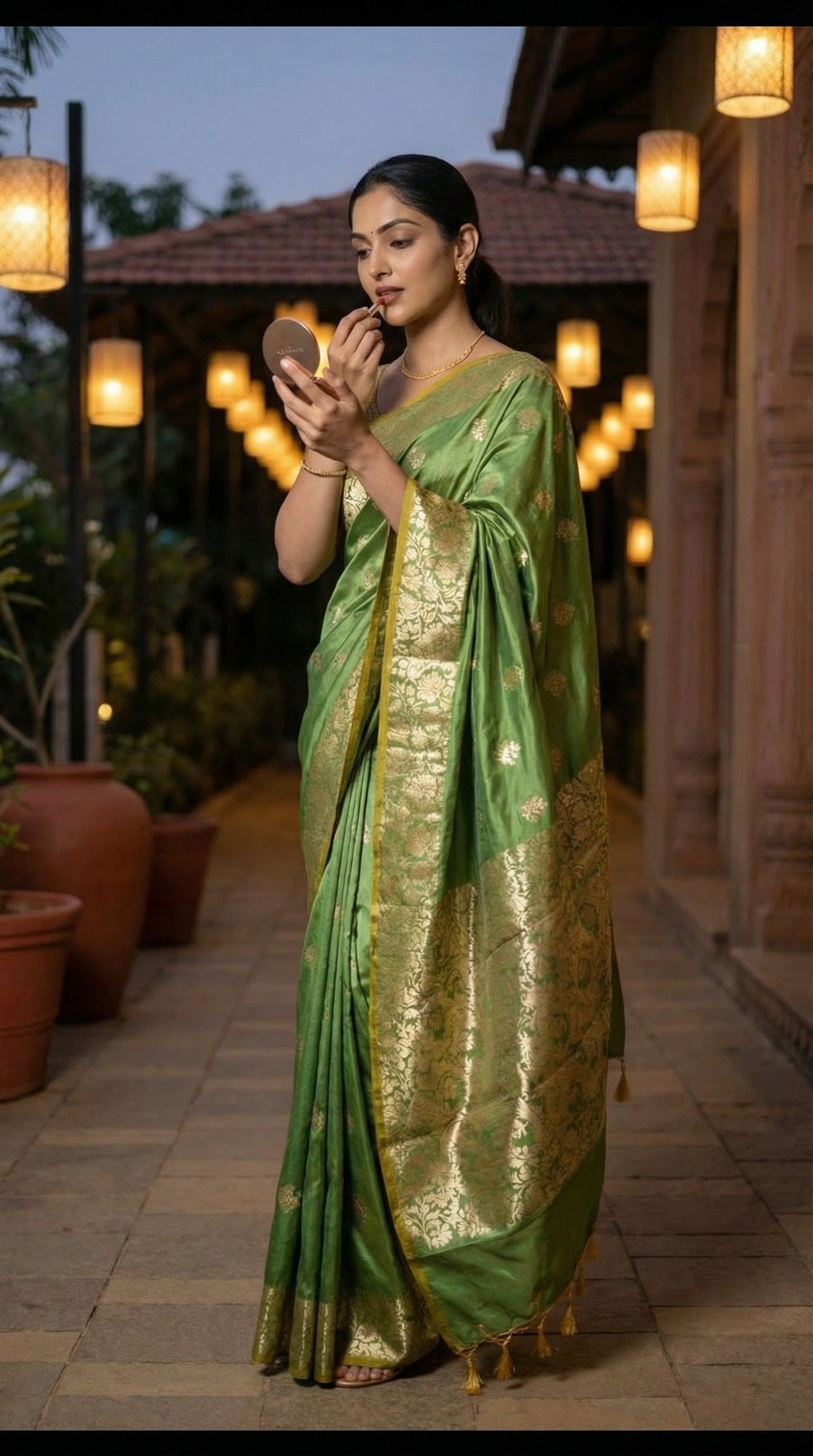 Woman in a emerald green silk blend saree with intricate woven detailing and elegant drape standing outdoors with decorative lights.