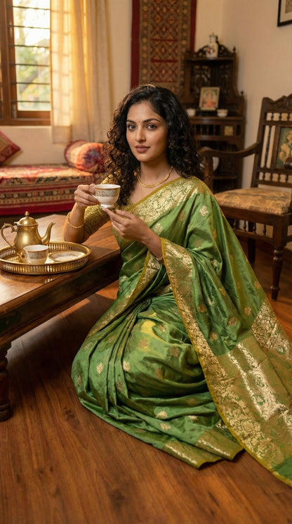 Woman in a emerald green silk blend saree with intricate woven detailing and elegant drape sitting in a room holding a cup.